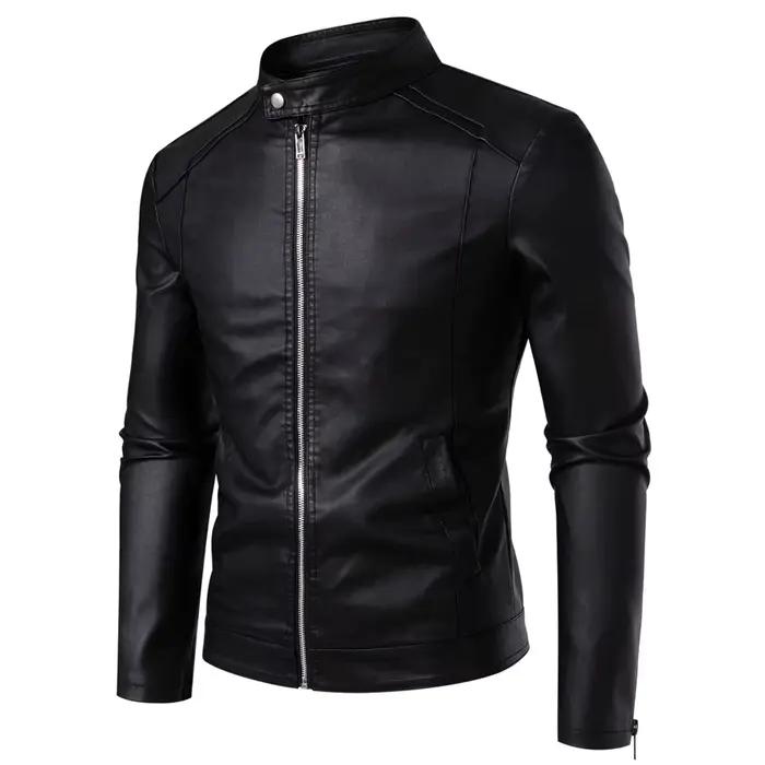 Blouson en cuir PU ajusté pour homme à col montant, style motard, tendance printemps-automne