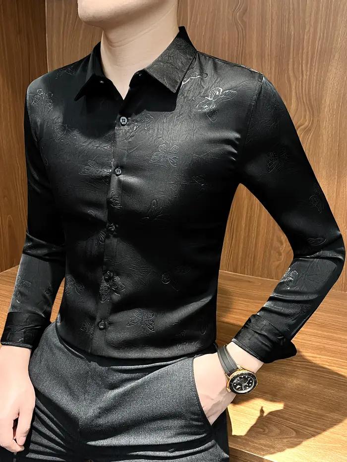Chemise Jacquard papillon à manches longues pour hommes, tenue d'affaires décontractée, Slim Fit, St