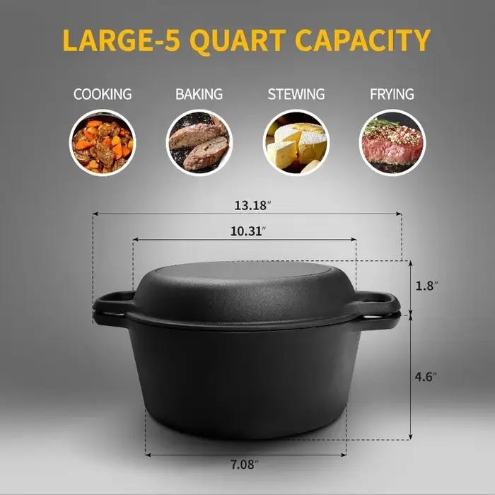 Four en fonte hollandaise pré-assaisonné 2 en 1, friture, cuisson, camping, barbecue, maison, 5QT