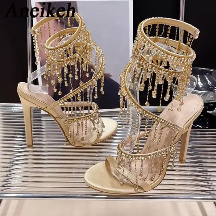 Aneikeh 2026 mode Sexy strass chaîne perle bride à la cheville talons hauts femmes été soie bout ron