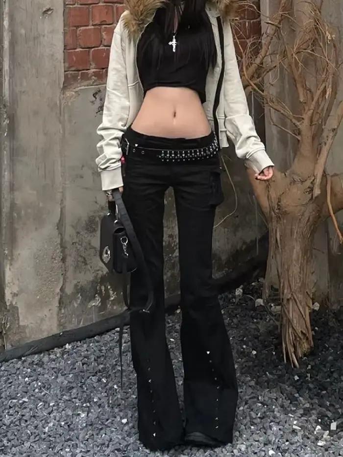 Pantalon Long évasé pour femmes, académique foncé, Goblin Core, Gyaru Goth, taille basse, Streetwear