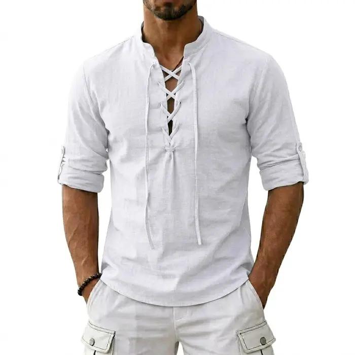 T-shirts en lin à manches longues pour hommes, style médiéval vintage viking, chemises en coton pour