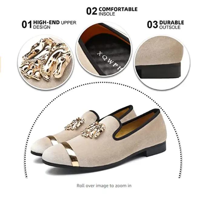 Mocassins en velours beige pour hommes, chaussures de soirée formelles, chaussures décontractées, mo