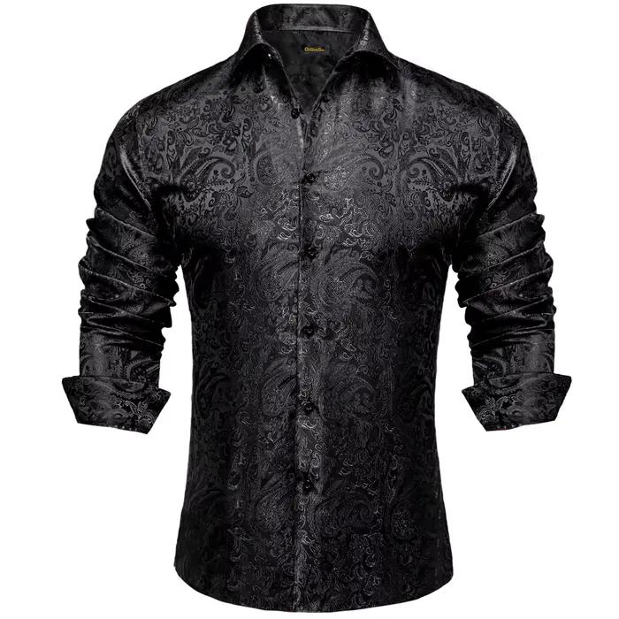 Chemises habillées en soie Paisley noire à manches longues pour hommes, chemise sociale de smoking d