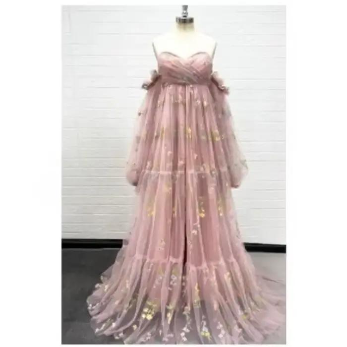 Robe de soirée de maternité sexy – Robe de soirée à fente haute avec broderie florale et manches bou