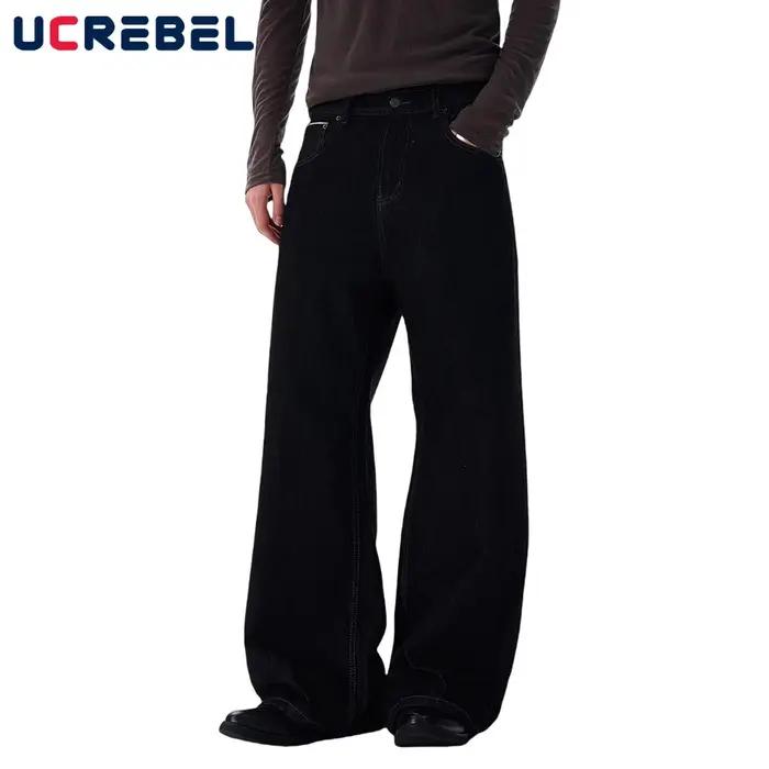 Poche pantalon en jean brut hommes couleur unie rétro haute rue droite jambe large jean foncé hommes