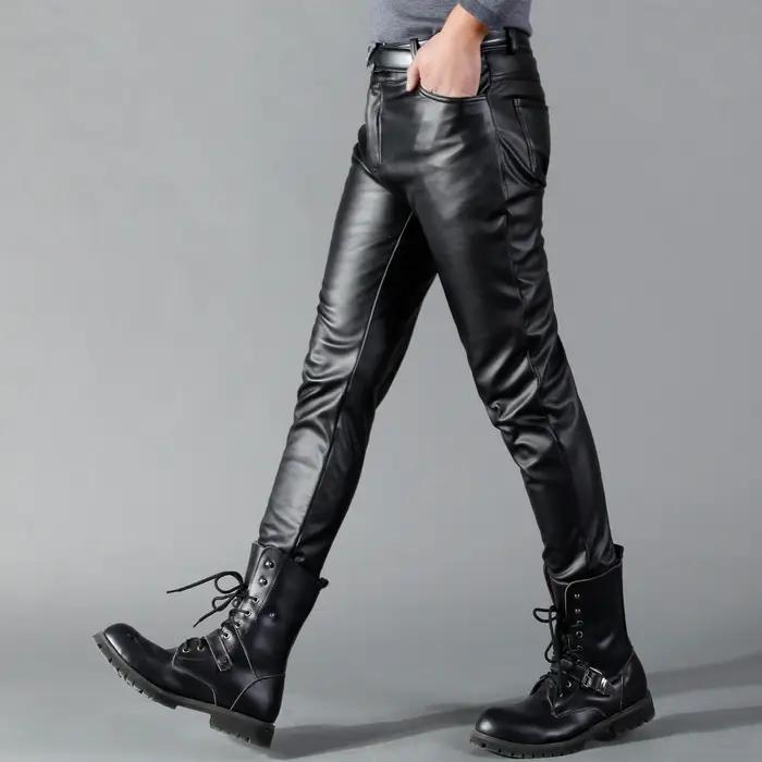 Pantalon en cuir pour hommes, coupe slim, élastique, mode, pantalon de motard en cuir PU, pantalon d