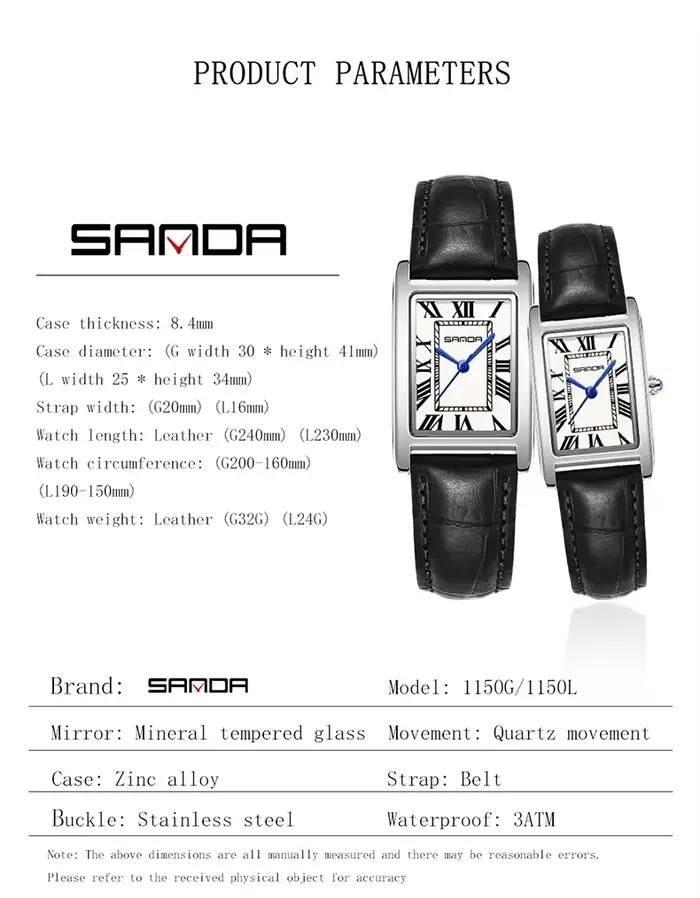 SANDA luxe réservoir Couple montre résistant à l'usure bracelet en cuir cadran carré étanche Sport d