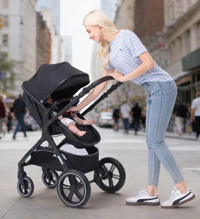Poussette multifonction 3 en 1 pour bébé avec landau pliable compact, poussette légère, siège auto e