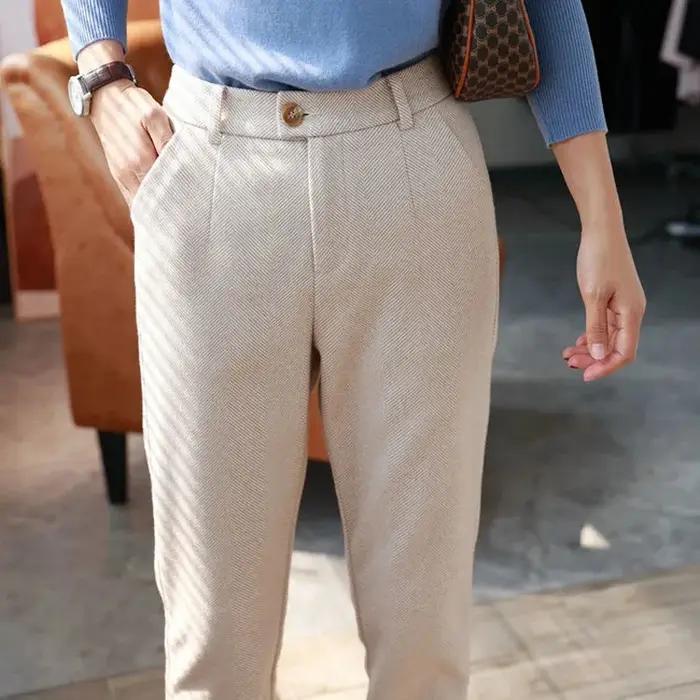 Pantalon crayon sarouel en laine pour femme, taille haute, pantalon décontracté imbibé, bureau, auto