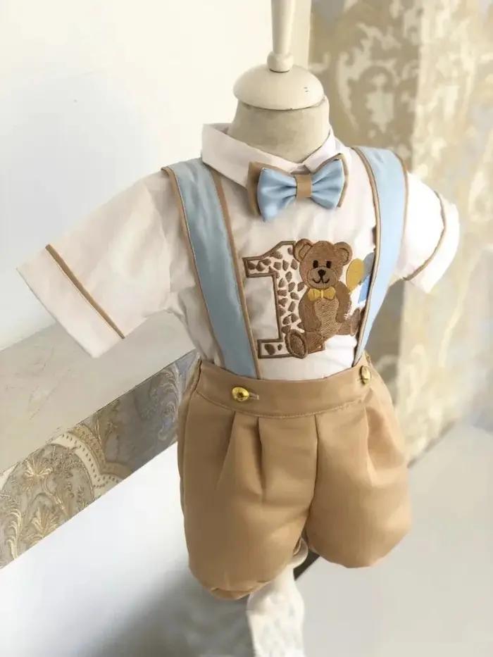 Bébé garçon printemps été ours broderie Vintage kaki ensemble pour Eid casual anniversaire photograp