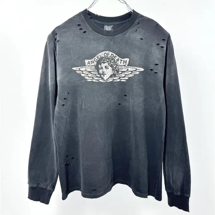 Vintage petit ange trou Saint manches longues lavé t-shirt hommes femmes haute qualité t-shirt hauts