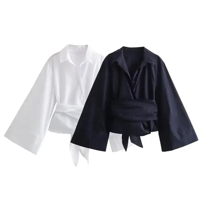 Chemise en popeline à Double boutonnage pour femmes, nouvelle mode décontractée, col Polo, nœud papi