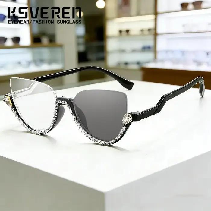 Lunettes de myopie photochromiques œil de chat en strass pour femmes, verres de Prescription finis,