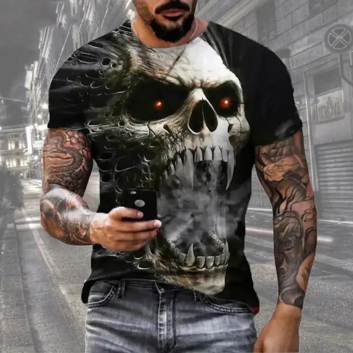 Horreur mort été hommes respirant col rond T-shirt crâne imprimé Halloween rue Hip Hop décontracté h