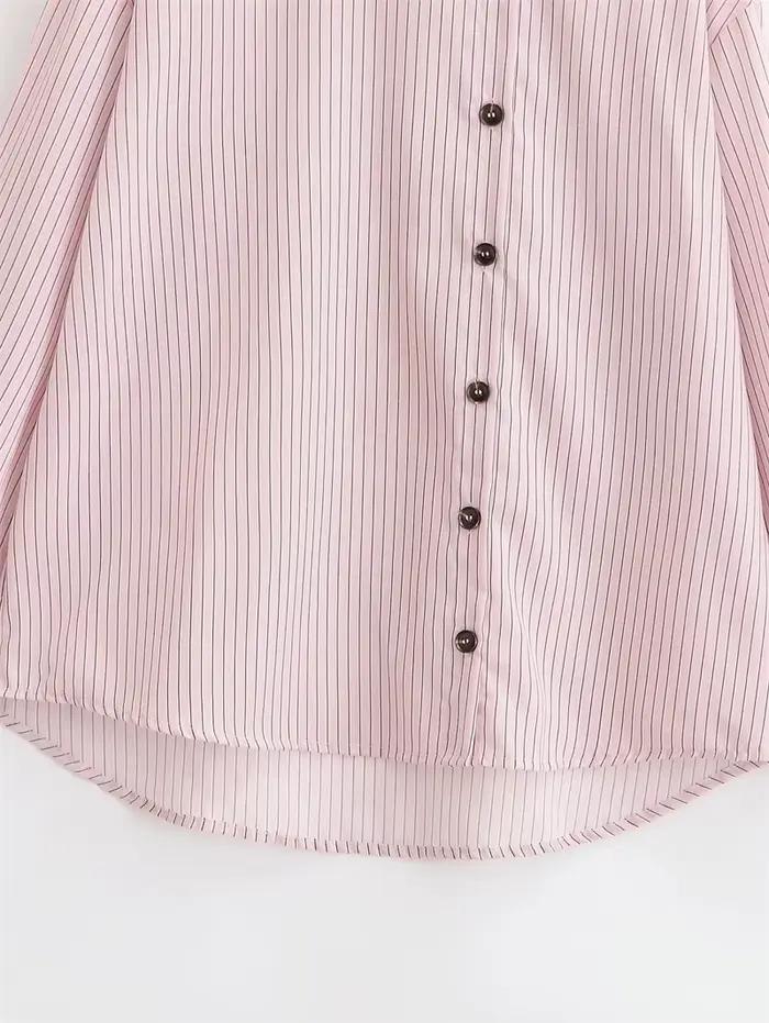 Chemise Femme Printemps 2026 Nouveau Style Rose Rayée Manches Longues Col Montant Boutonnage Simple