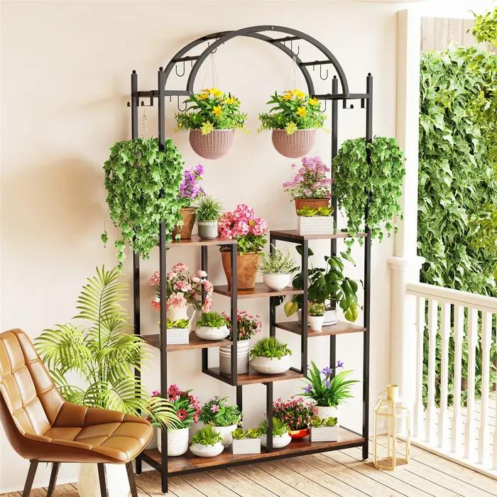 Grand support pour plantes d'intérieur à 5 niveaux, étagère à fleurs en métal arqué avec crochets de