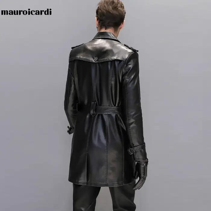 Mauroicardi automne noir Faux cuir Trench manteau hommes à manches longues ceinture Double boutonnag