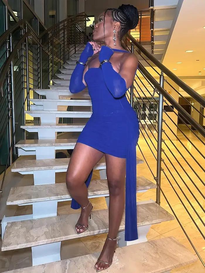 Nibber vacances d'été Sexy voir à travers la robe + châle femmes froncé côté ruban Coquette maigre m