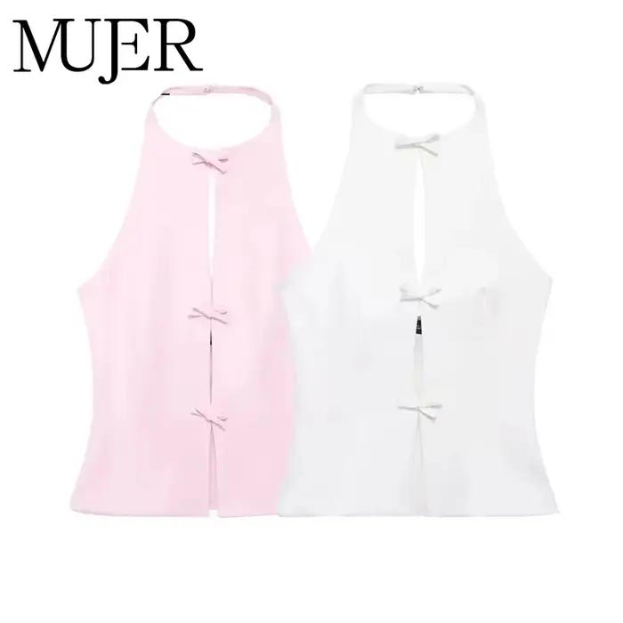 MUJER 2025 épaules dénudées haut à licou femme rose blanc haut court femmes nœud découpé sans manche
