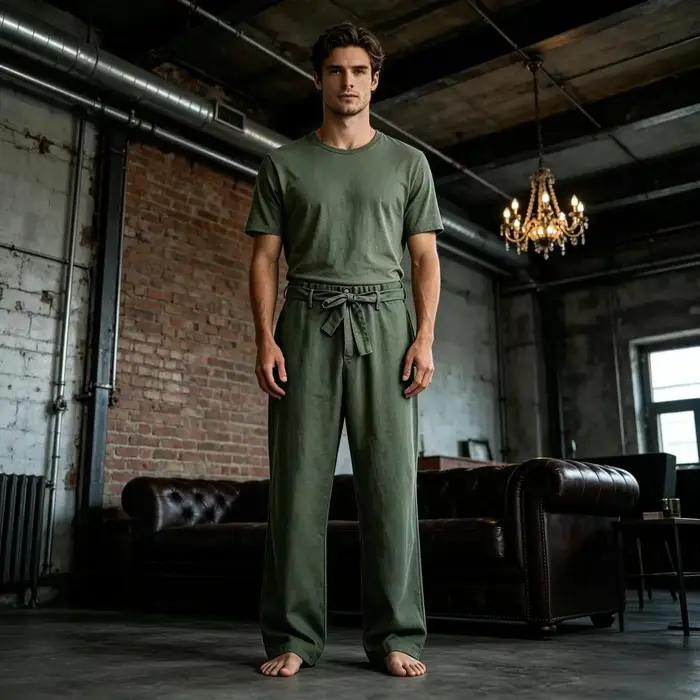 Pantalon décontracté vintage pour homme en mélange de lin à taille haute et jambe large, doux et res