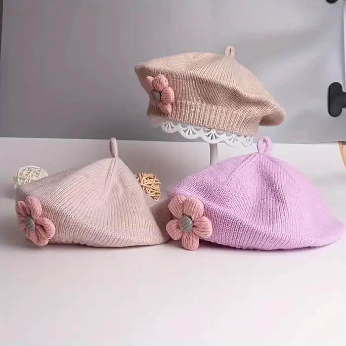 Béret à fleurs pour bébé, bonnet tricoté chaud d'hiver pour nourrissons filles, casquettes de peintr