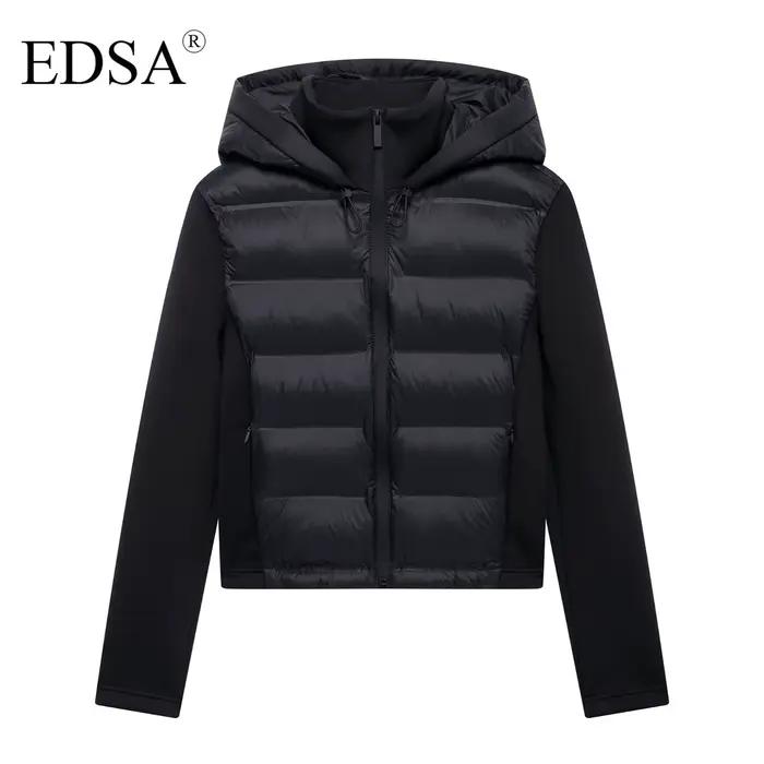 EDSA Veste rembourrée noire pour femme, capuche réglable avec bouchons, col haut, manches longues, p