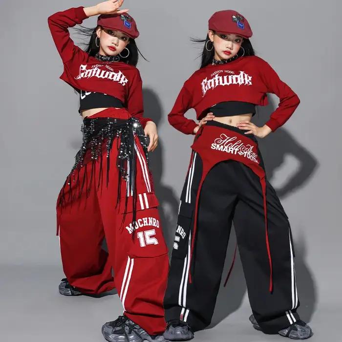 Ensemble de vêtements pour filles Hip Hop, sweat-shirt court à nœud rouge, pantalon cargo, costume d