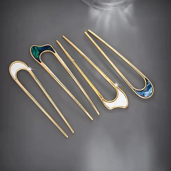 Épingle à cheveux de luxe en émail pour femmes, couleur argent or, coquille élégante, bâton de cheve