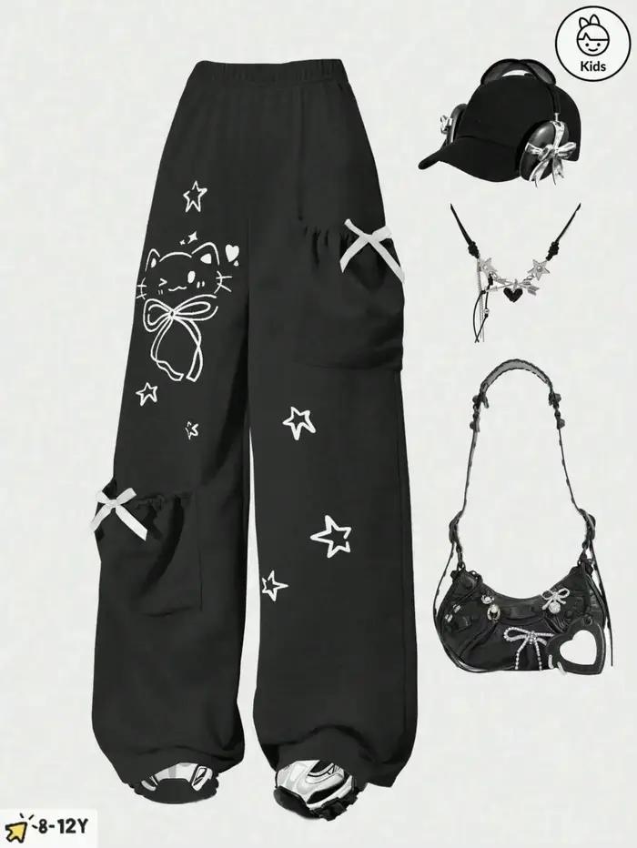 Pantalons décontractés à la mode pour filles, pantalons amples à jambes droites avec un design de po