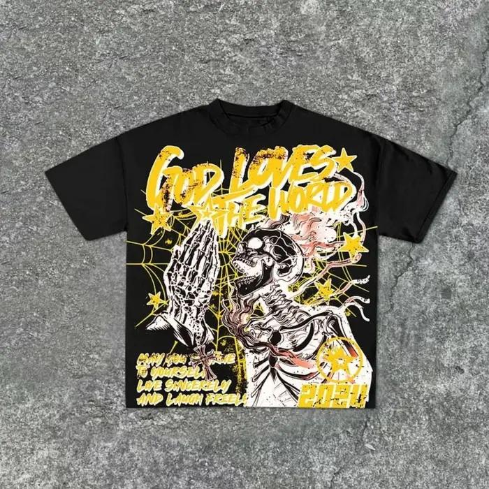 T-shirt col rond pour hommes, imprimé graffiti de crâne personnalisé, confortable et respirant, haut