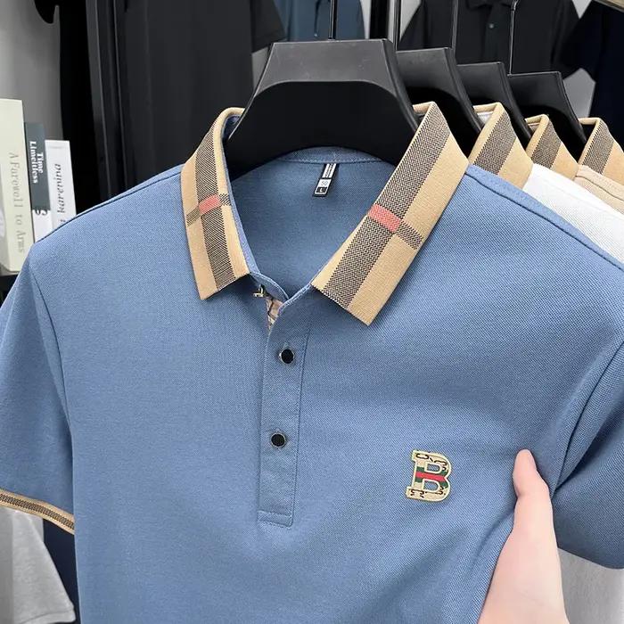 Polo homme classique à manches courtes, 100% coton pur, confortable, avec badge lettre, nouvelle col