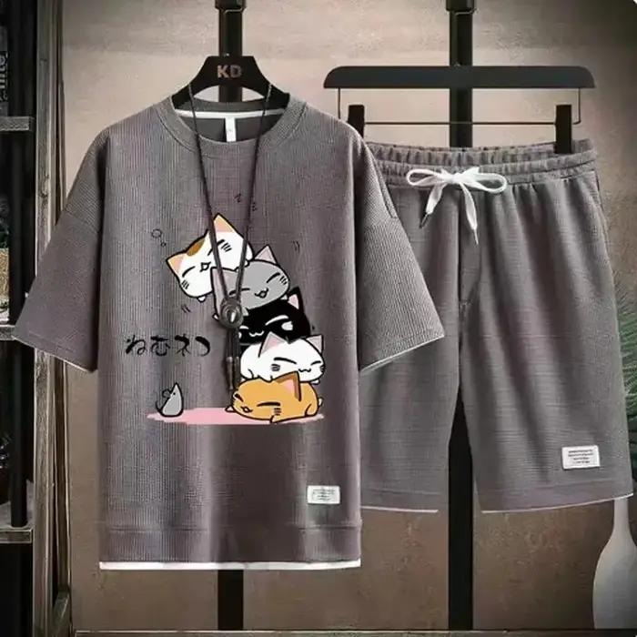 Ensemble gaufré décontracté homme été 2026 – T-shirt et short tendance – Ensemble sportif ample et c