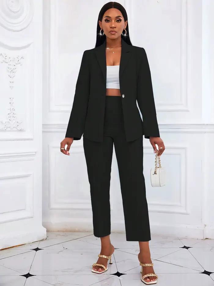 Ensemble tailleur noir uni deux pièces pour femme 2026 : Blazer à manches longues et pantalon court