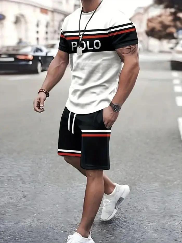 Ensemble T-shirt et short à col rond pour hommes, ensemble deux pièces décontracté avec lettres rayé