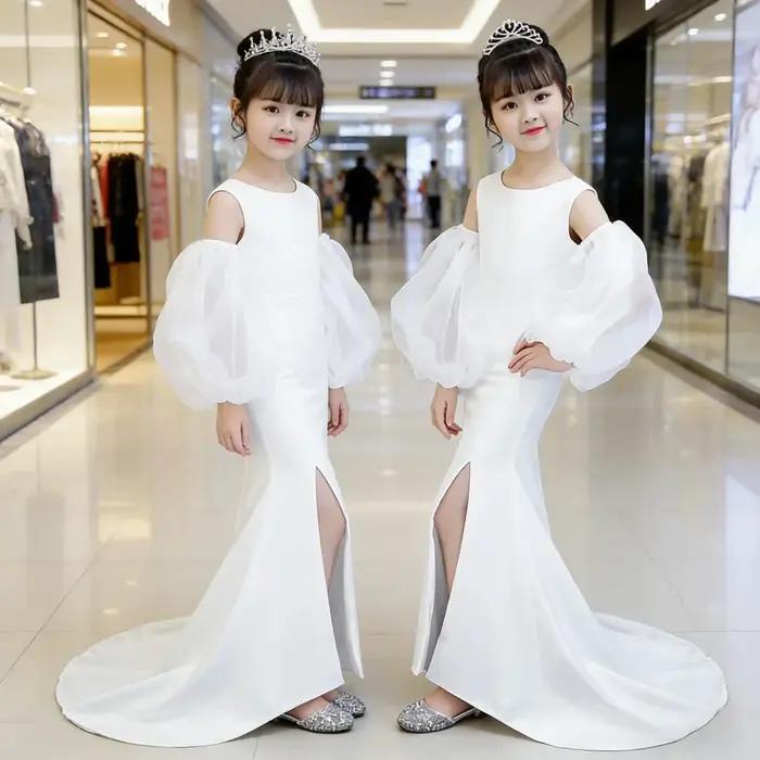 Robe sirène blanche sans bretelles pour filles avec traîne, tenue de cérémonie pour fête, costume de