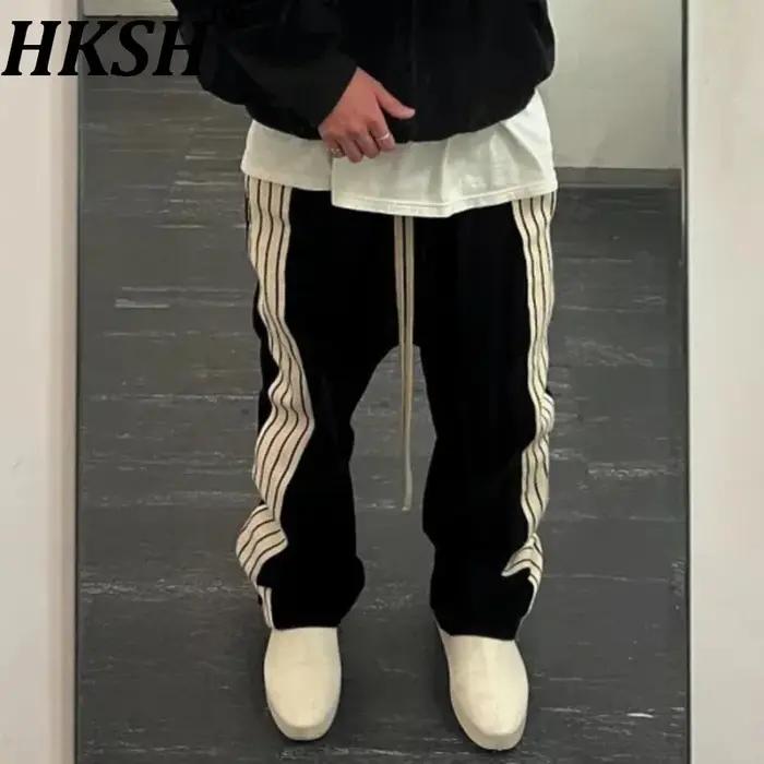 HKSH printemps automne nouveau homme marée Style américain rayé Patchwork droit décontracté pantalon à jambes larges cor