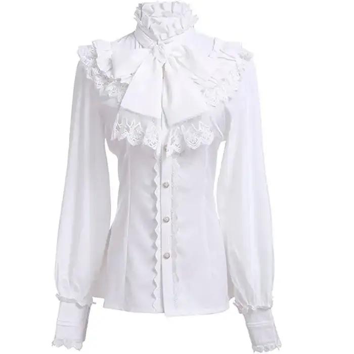 Chemisier Élégant Gothique pour Femme, Nouvelle Collection Printemps 2026, Col Montant à Volants, Bo