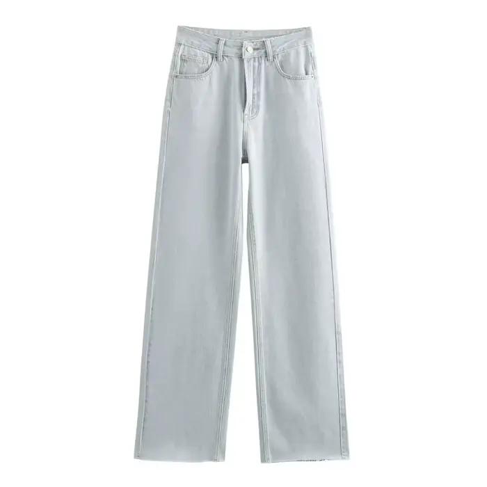 ETJ jean taille haute à jambes larges femme classique tout avec cinq poches lavé doux confortable je