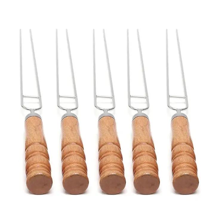 Brochettes de barbecue en fil d'acier inoxydable, manche en bois, bâtons de rôtissage pour gril, Cam