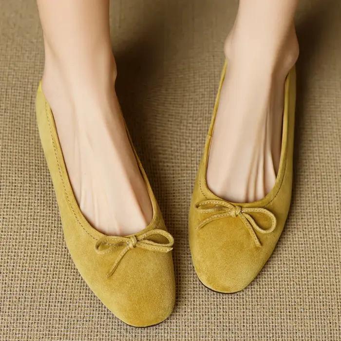 Grande taille 34-43 femmes en daim naturel cuir doux noeud papillon bout rond sans lacet ballerines