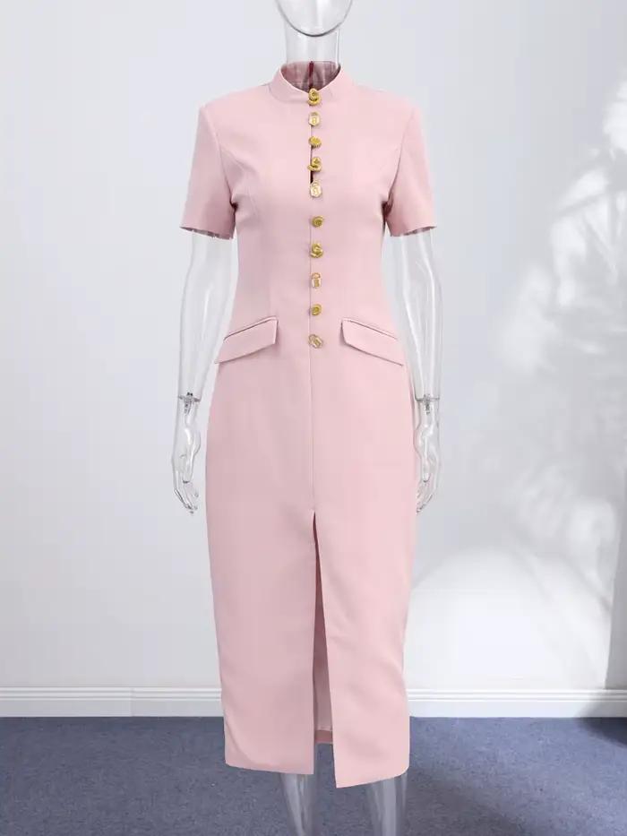 Nouvelle Robe Longue Élégante pour Femme, Col Montant Uni, Manches Courtes, Coupe Slim, Boutonnage S