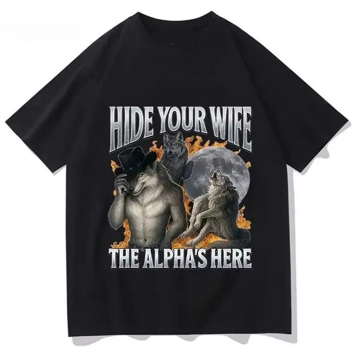 Cachez votre femme, l'alpha-loup arrive ! T-shirt Meme Loup-Garou Amusant, Chemise à Manches Courtes