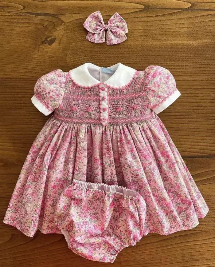 Robe d'été pour bébé fille de 0 à 12 ans, motif Floral rose, broderie smockée faite à la main, robe