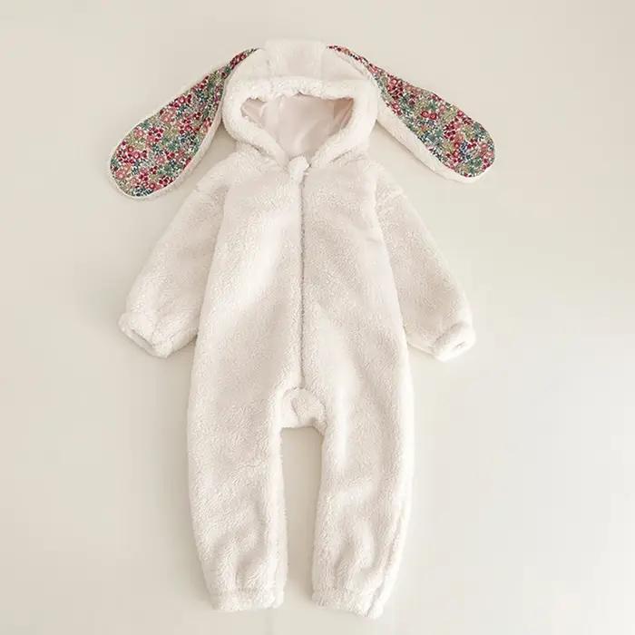 Barboteuse printemps bébé unisexe peluche - Combinaison pyjama capuche vêtement maison nouveau-né