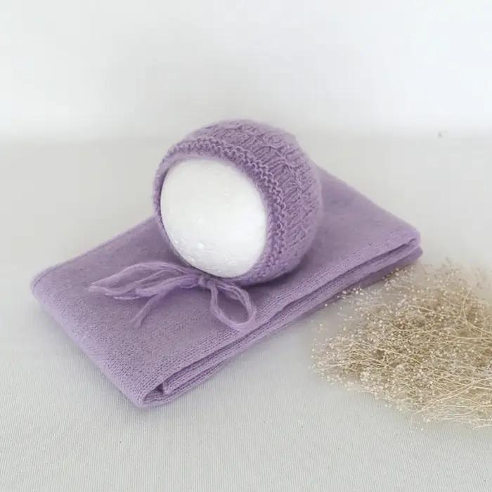 Ensemble vintage tricot bébé - Chapeau lapin et enveloppe mohair - Accessoire photo nouveau-né
