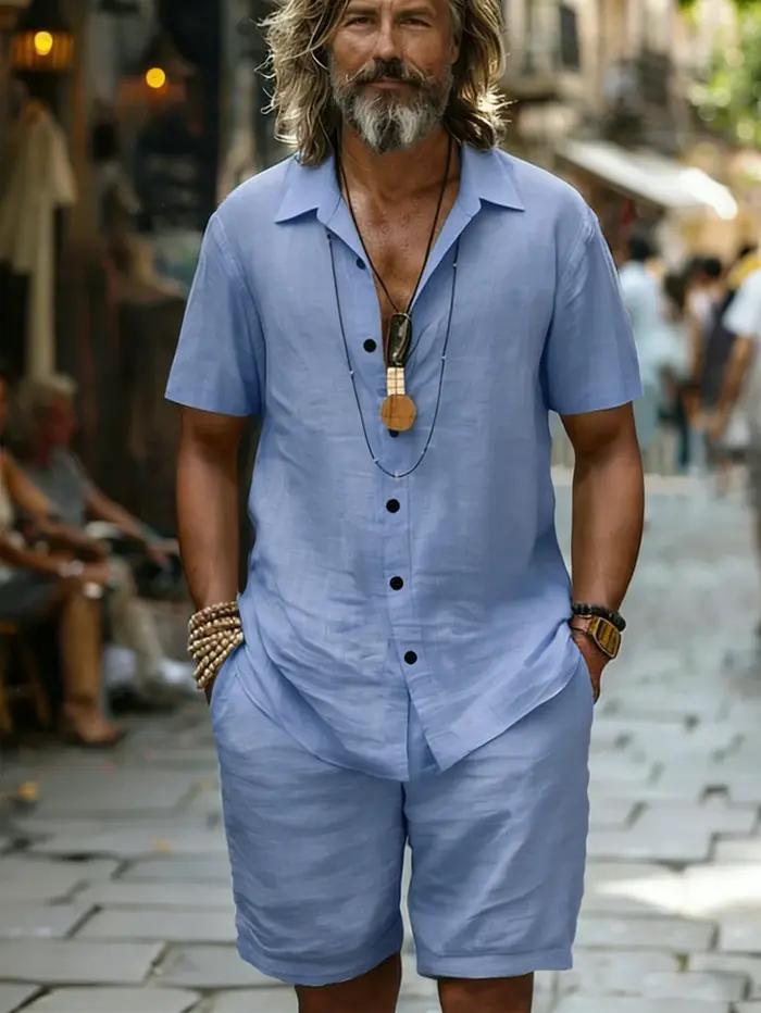 Ensemble chemise et Short en coton 100 pour hommes, manches courtes, bleu clair, coupe ample, décont