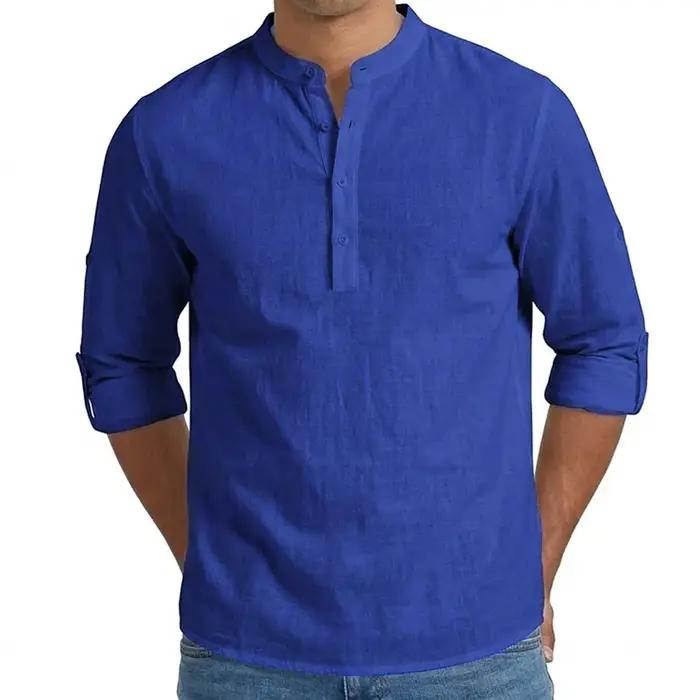 Chemises pour hommes en mélange de lin de qualité supérieure, hauts Henley à manches longues, style