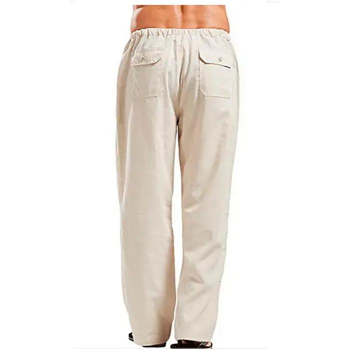 Pantalon d'été en coton et lin pour hommes, couleur unie, respirant, décontracté, taille élastique,