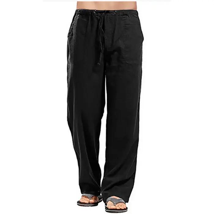 Pantalon d'été en coton et lin pour hommes, couleur unie, respirant, décontracté, taille élastique,